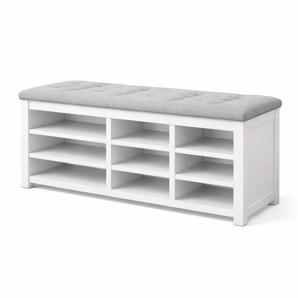 Banc à chaussures en bois blanc avec coussin en polyester gris - 2026