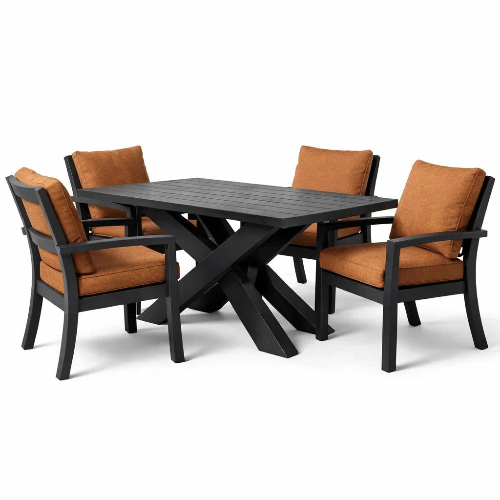 Ensemble table et chaises en aluminium noir avec 4 chaises et coussins marron - 2026