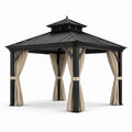 Pavillon de jardin en aluminium avec toit métallique noir et rideaux en polyester beige - 2026