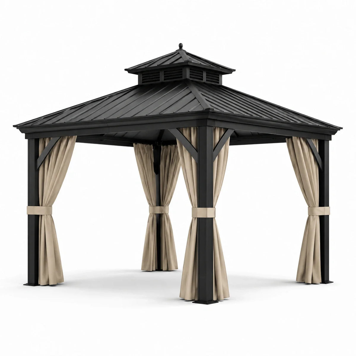 Pavillon de jardin en aluminium avec toit métallique noir et rideaux en polyester beige - 2026