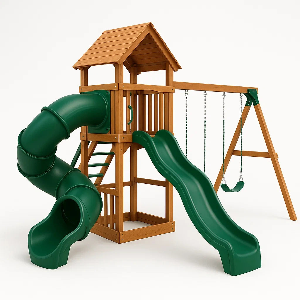 Aire de jeux en bois avec toboggans et balançoire en plastique HDPE - 2026