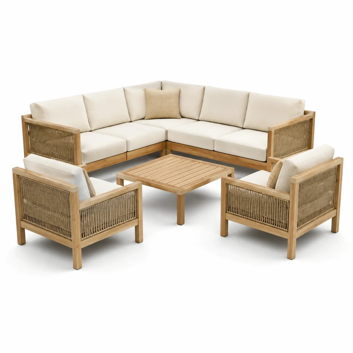 Salon de jardin en teck et corde beige avec coussins - 2026
