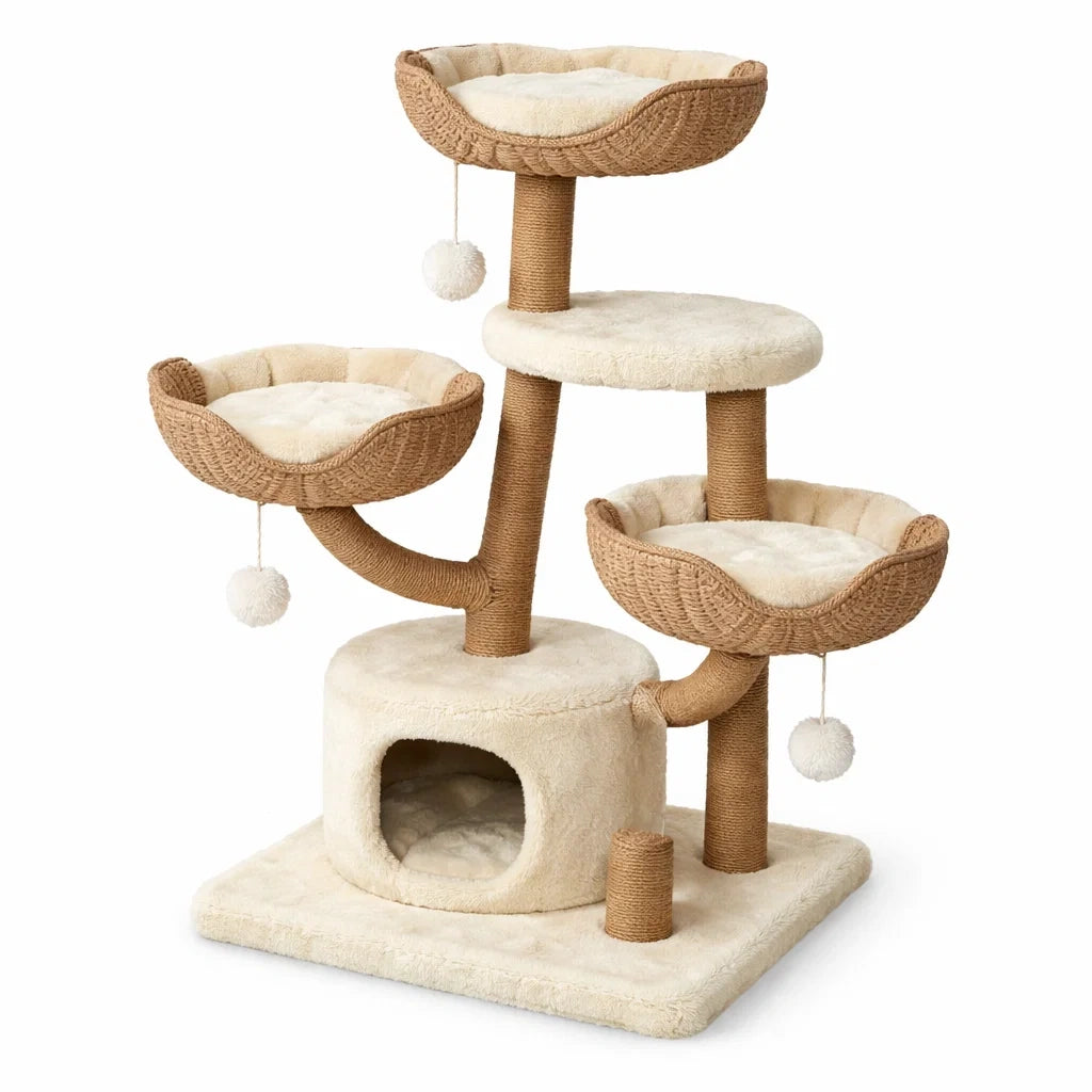 Arbre à chat en sisal et tissu avec plateformes et niche beige - 2026