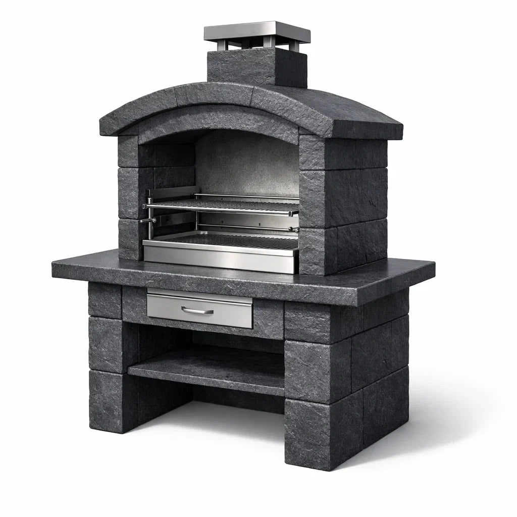 Barbecue en pierre avec grille en acier inoxydable gris - 2026