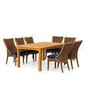 Ensemble table et chaises à manger en bois avec assises en résine tressée et coussins bleus - 2026