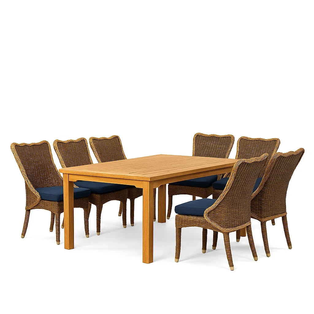 Ensemble table et chaises à manger en bois avec assises en résine tressée et coussins bleus - 2026