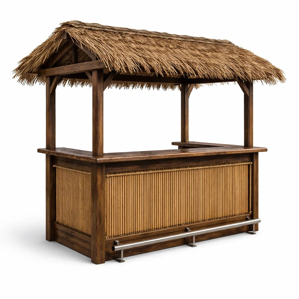 Kiosque bar de jardin en bois et bambou avec comptoir et toit en chaume - 2026
