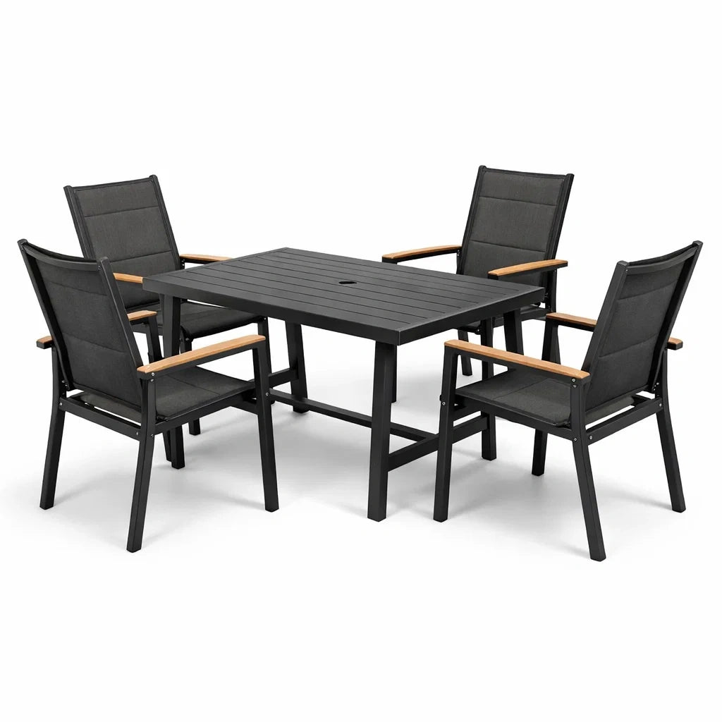 Ensemble table et chaises en aluminium et textilène noir et bois naturel - 2026