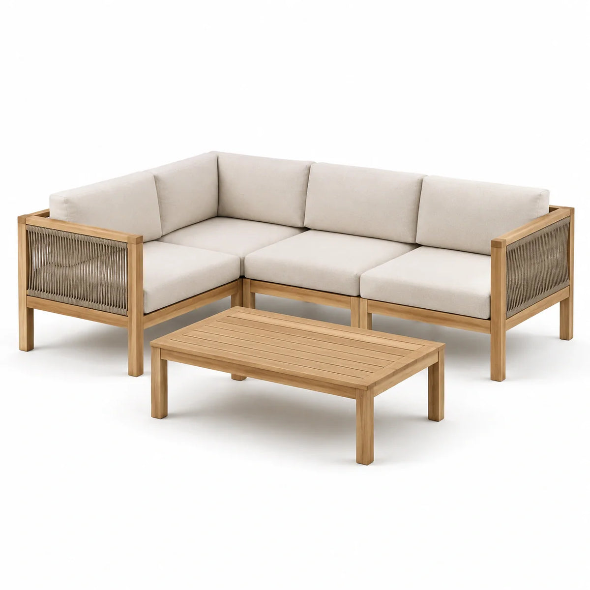 Salon de jardin en bois de teck et corde avec coussins en tissu beige - 2026