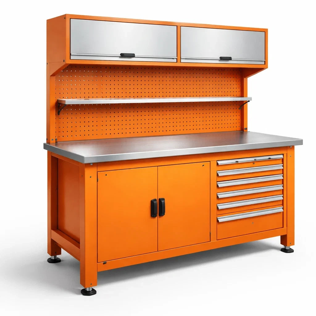 Établi en métal orange avec rangement et étagère murale - 2026