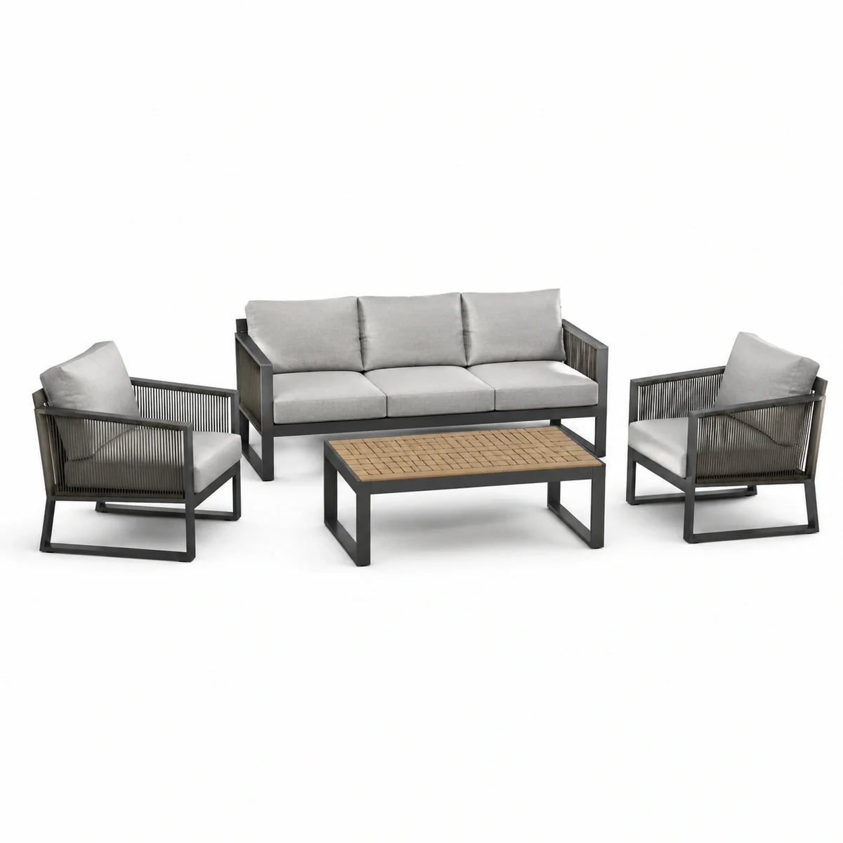 Ensemble de Salon de Jardin en Aluminium avec Coussins en Polyester Gris et Table en Teck - 2026