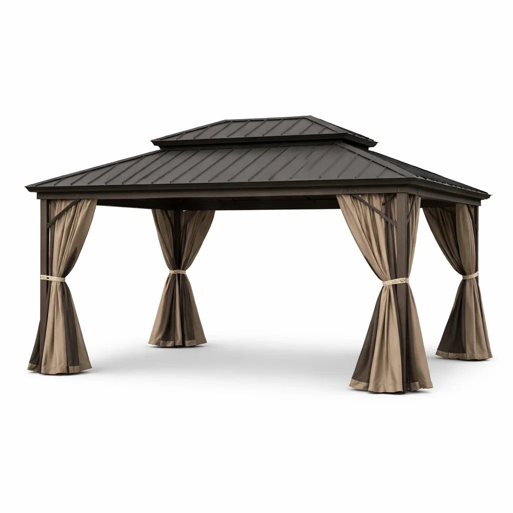 Tonnelle de jardin en aluminium avec rideaux en polyester et toit en acier - 2026
