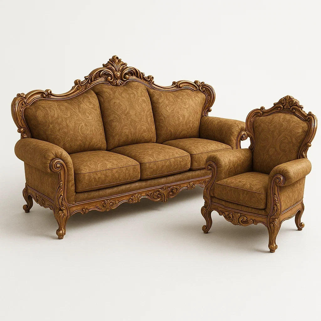 Ensemble Canapé et Fauteuil en Bois et Tissu Brun - 2026