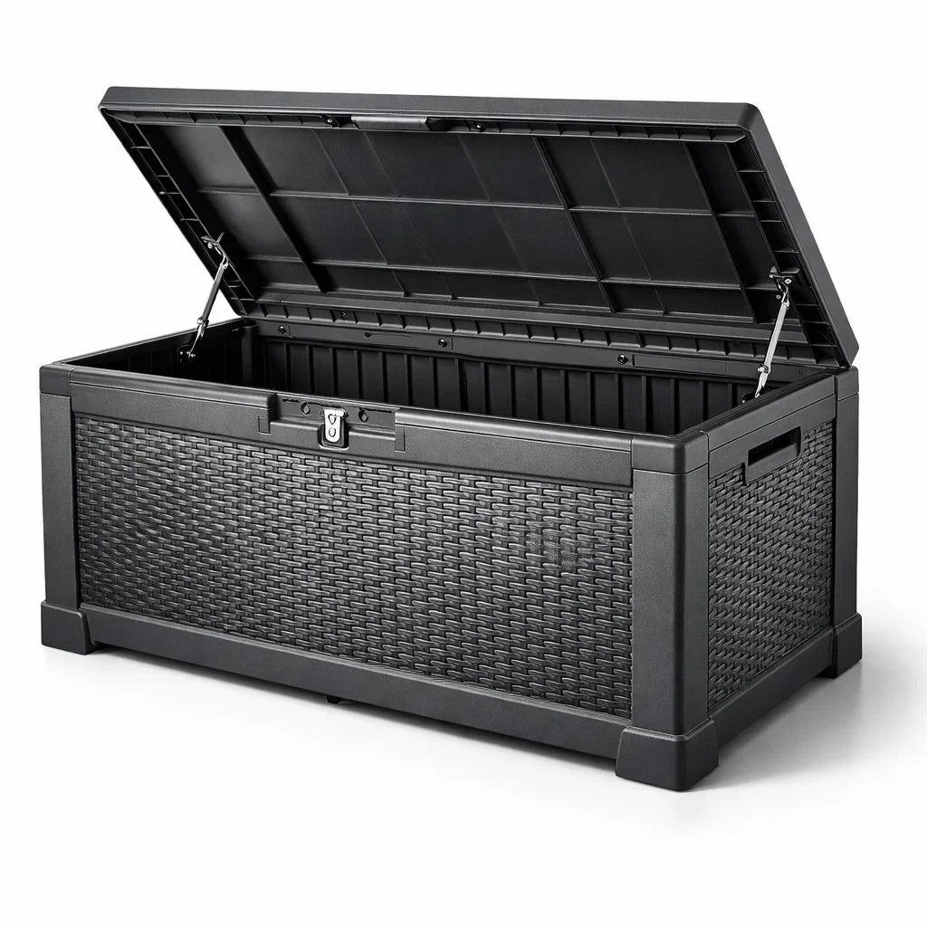 Coffre de rangement de jardin en plastique noir effet rotin - 2026