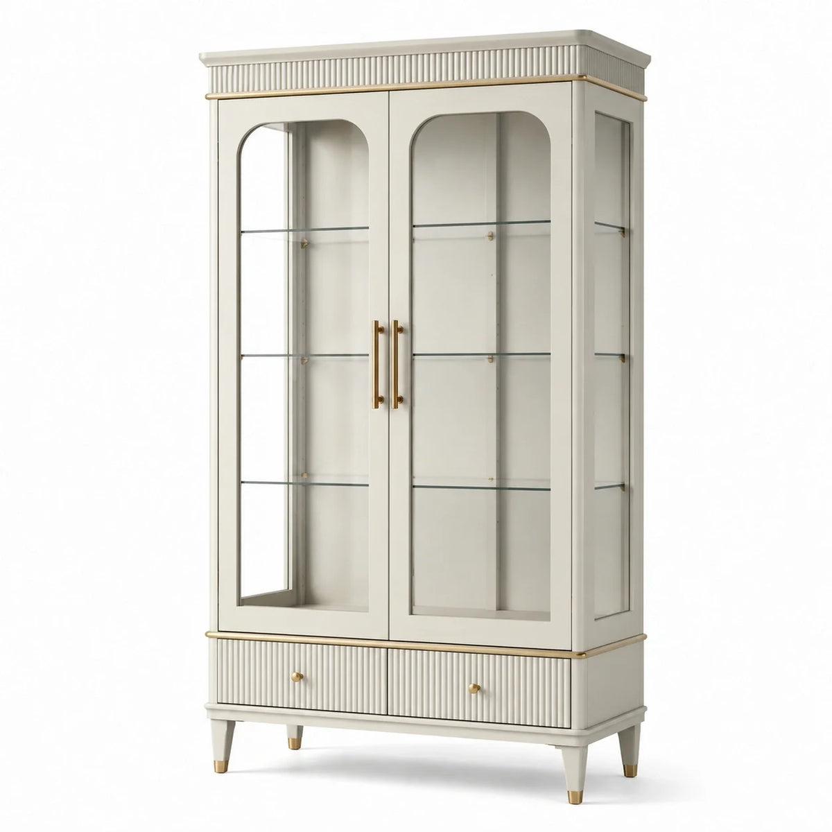 Vitrine ivoire en bois et verre avec détails dorés, 2 portes, 2 tiroirs et 3 tablettes, 100 × 42 × 190 cm - 2026