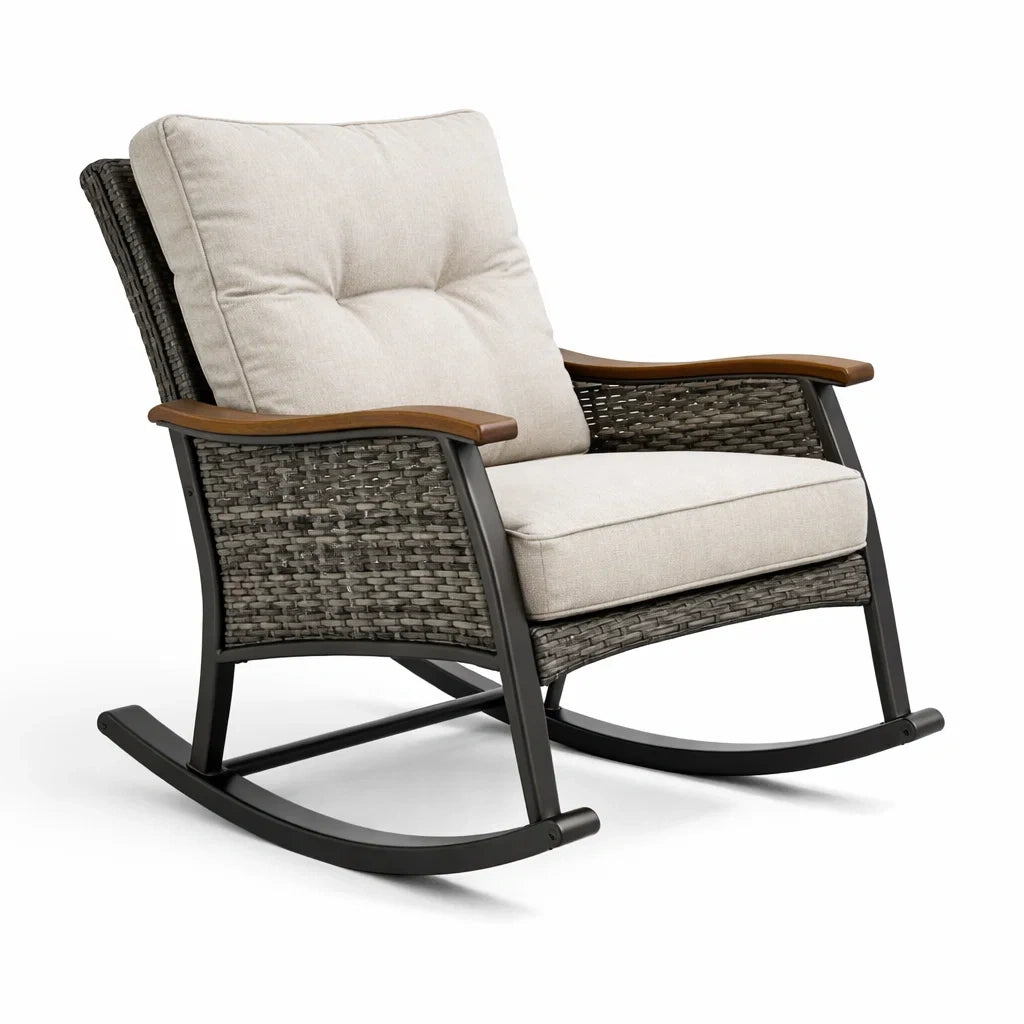 Fauteuil à bascule de terrasse en rotin et aluminium avec coussins beiges - 2026