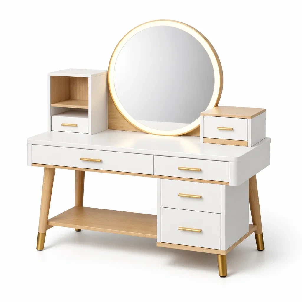 Coiffeuse en bois et mdf avec miroir rond à éclairage led - 2026