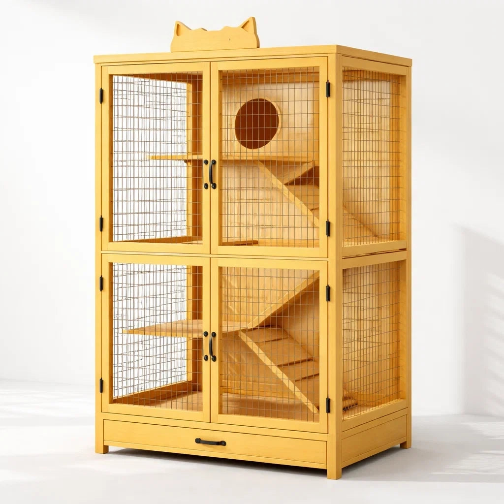 Cage à chat en bois et métal jaune - 2026