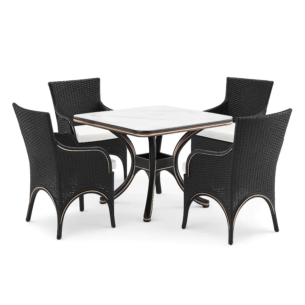 Ensemble fauteuils à accoudoirs avec table en marbre et quatre chaises en rotin synthétique noir - 2026