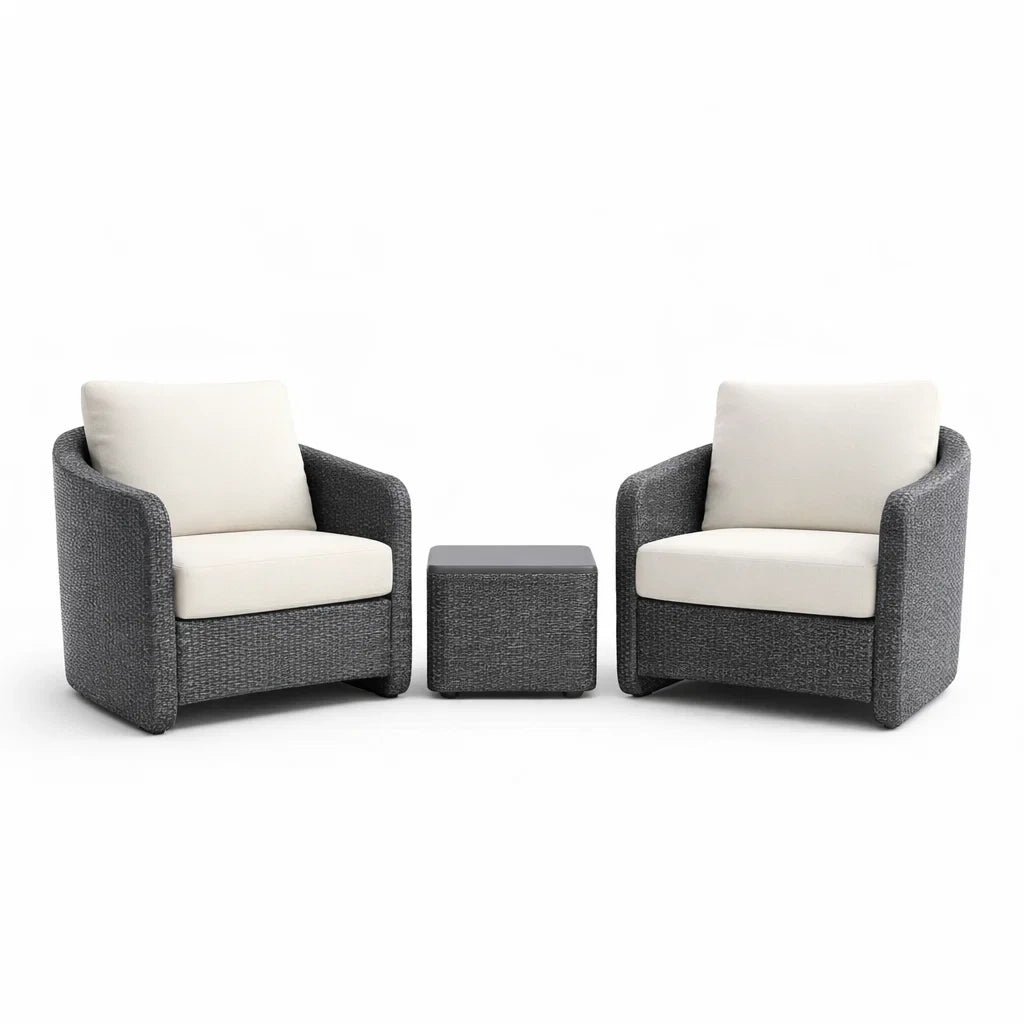 Ensemble de détente avec fauteuils en rotin synthétique gris et coussins blancs - 2026