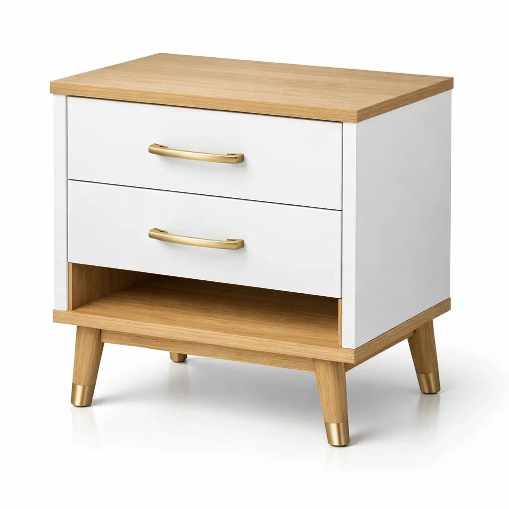 Table de chevet en bois de chêne et blanc avec 2 tiroirs et poignées métalliques - 2026