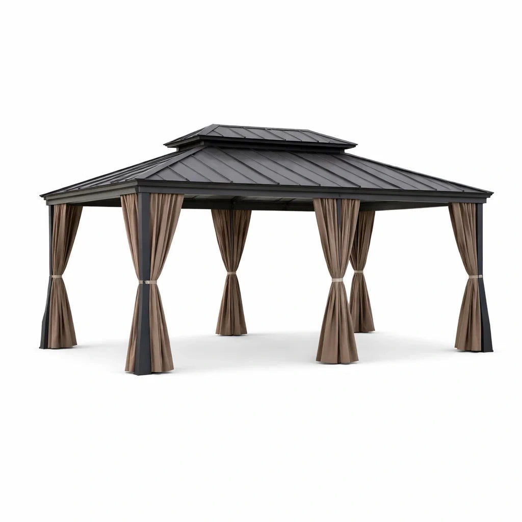 Pavillon en aluminium avec toit en acier et rideaux en polyester gris et beige - 2026