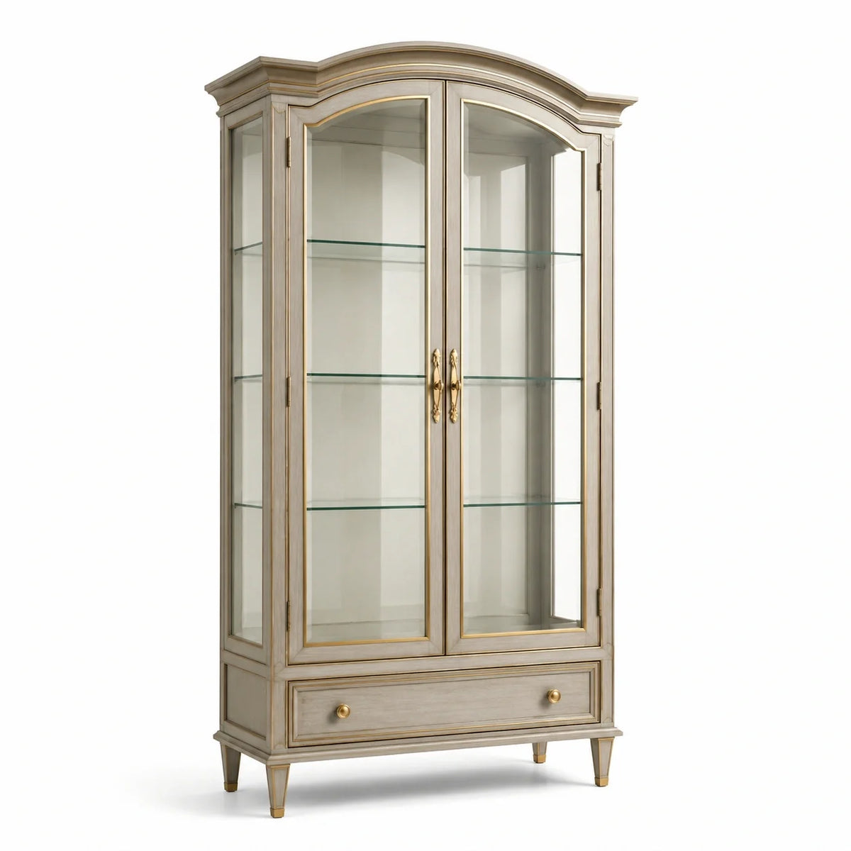 Vitrine classique en bois et verre beige et doré, 100 × 45 × 200 cm, 2 portes, 3 tablettes et 1 tiroir - 2026
