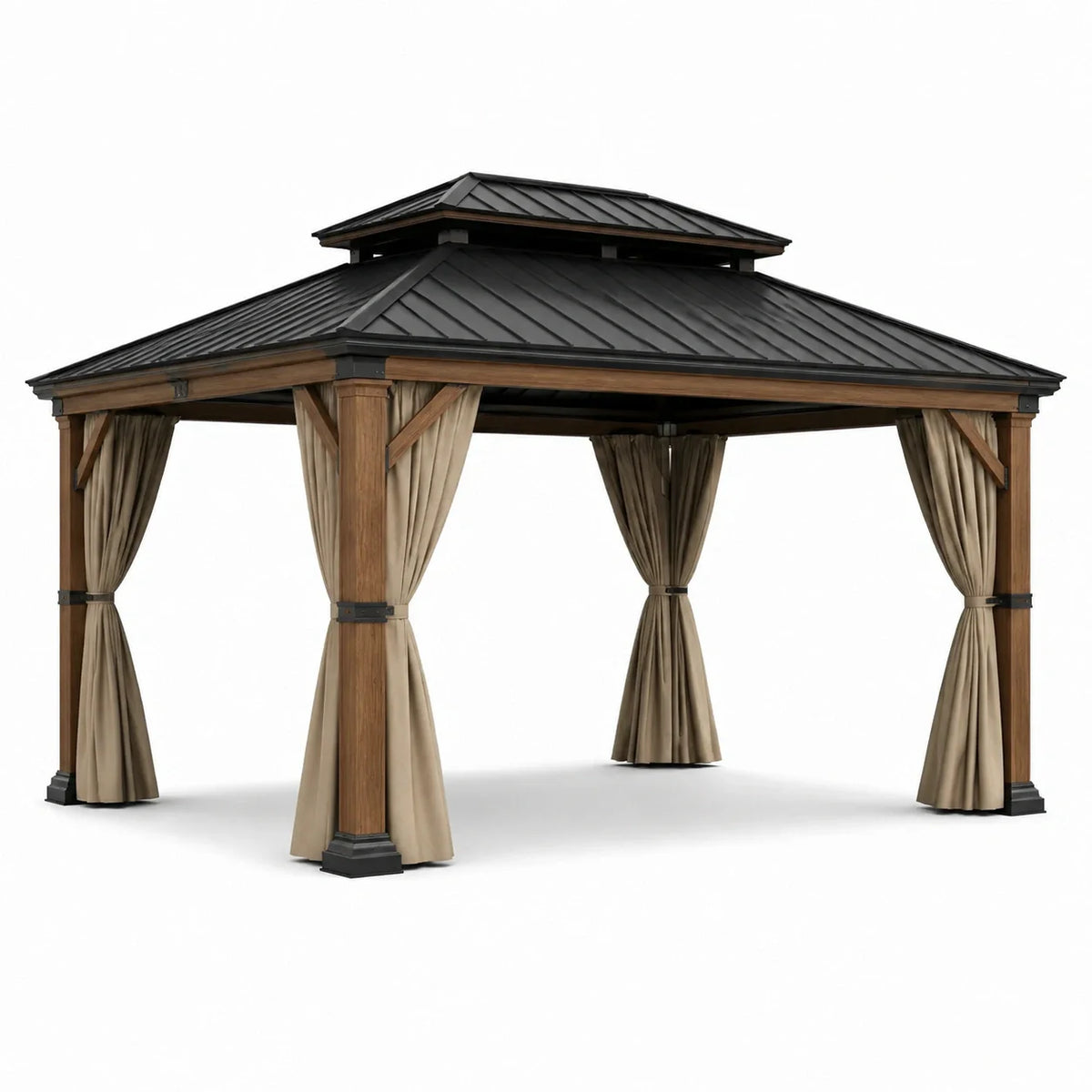 Pavillon de jardin en bois et métal avec rideaux beiges - 2026