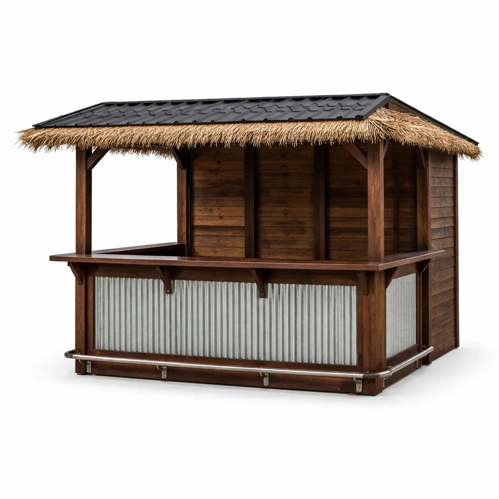 Kiosque en bois avec toit en paille synthétique et bardage en acier - 2026