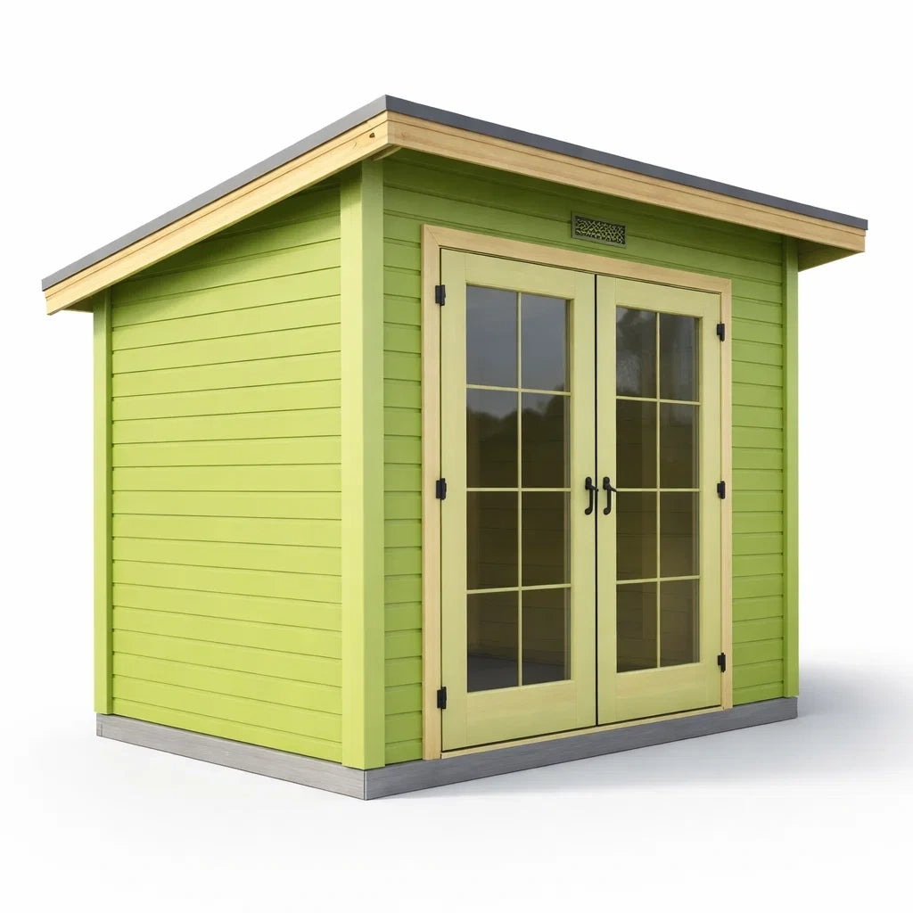 Abri de jardin en bois avec porte vitrée verte - 2026