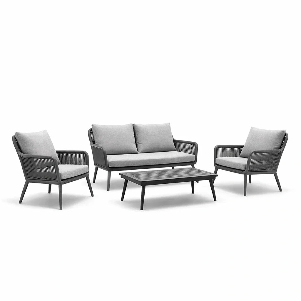Ensemble de salon de jardin 4 pièces en aluminium et corde gris - 2026