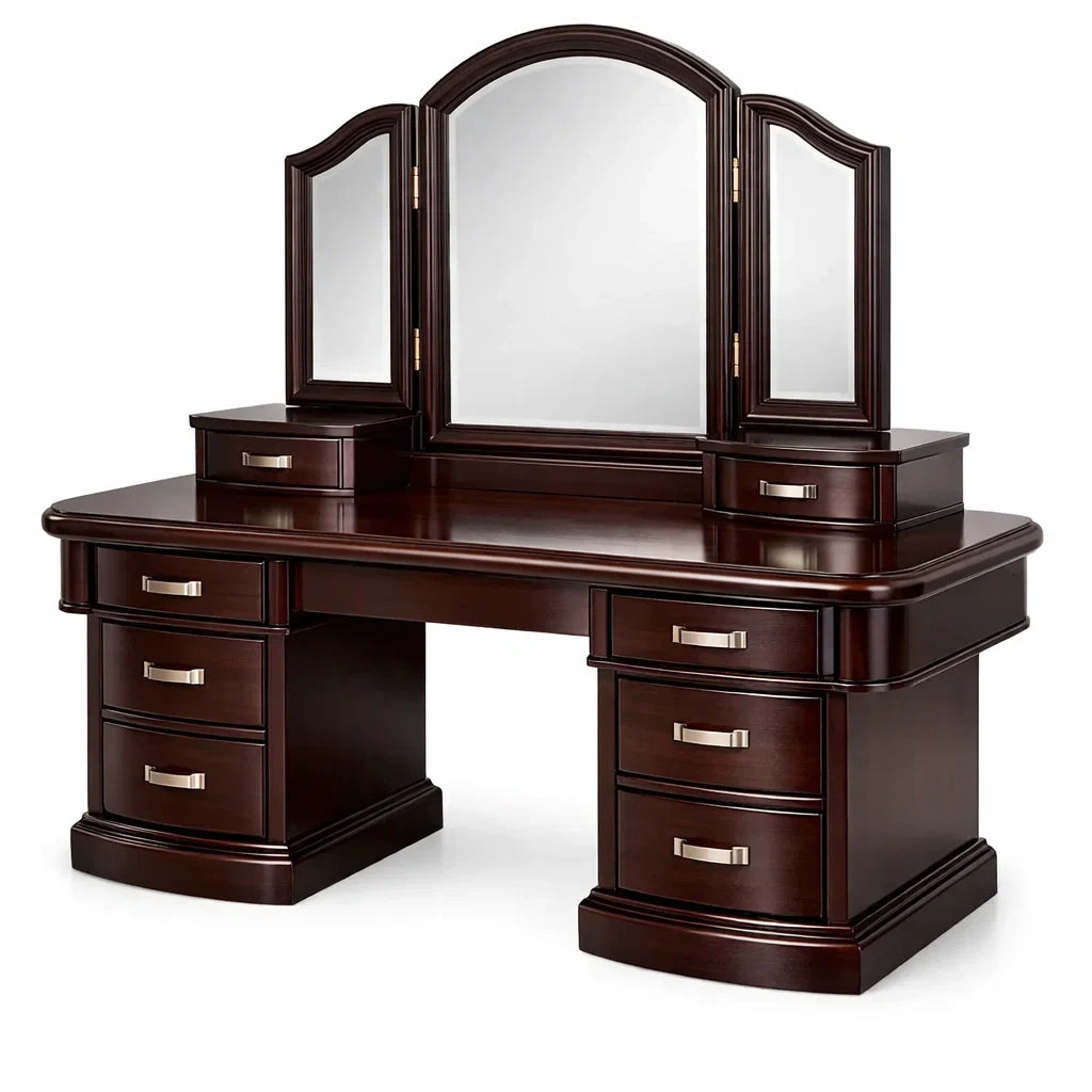 Coiffeuse en bois avec miroir à trois volets et huit tiroirs - 2026