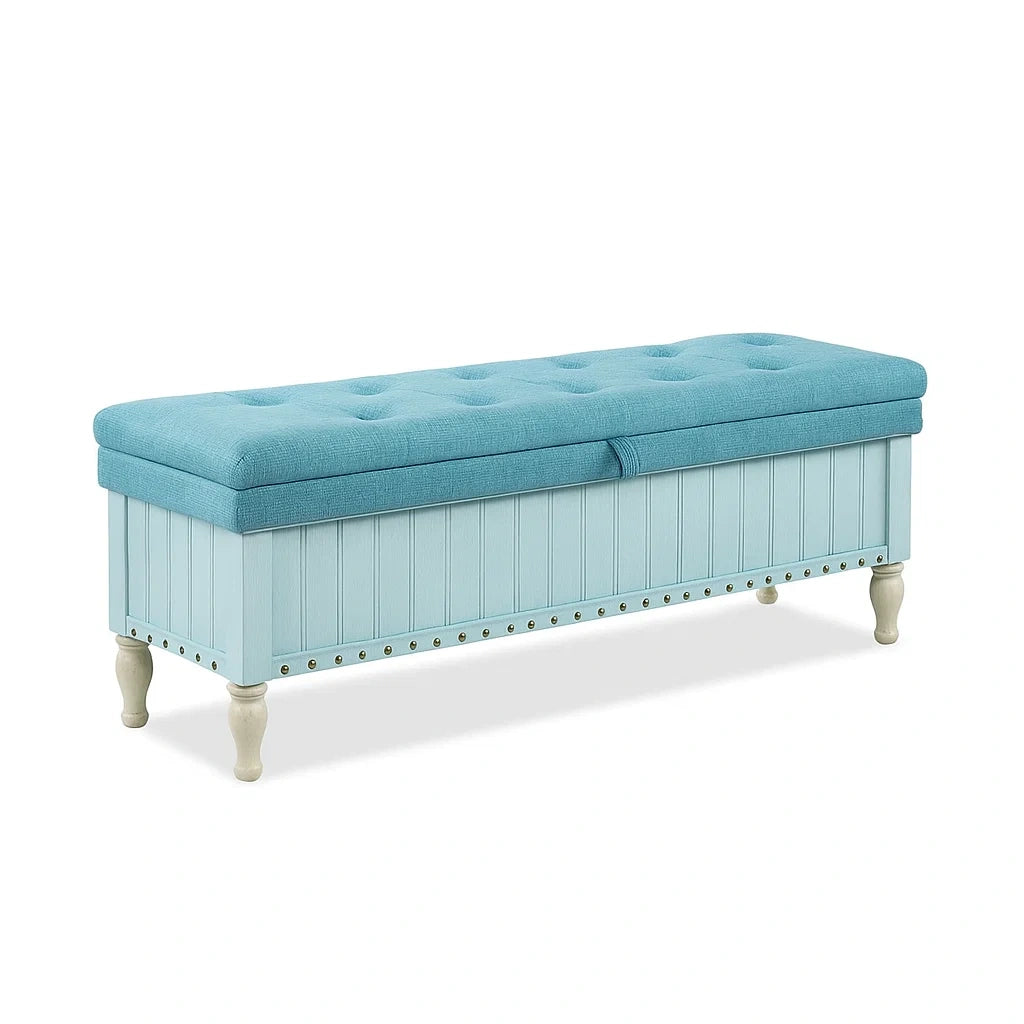 Banc de rangement en bois avec coussin en polyester bleu clair - 2026