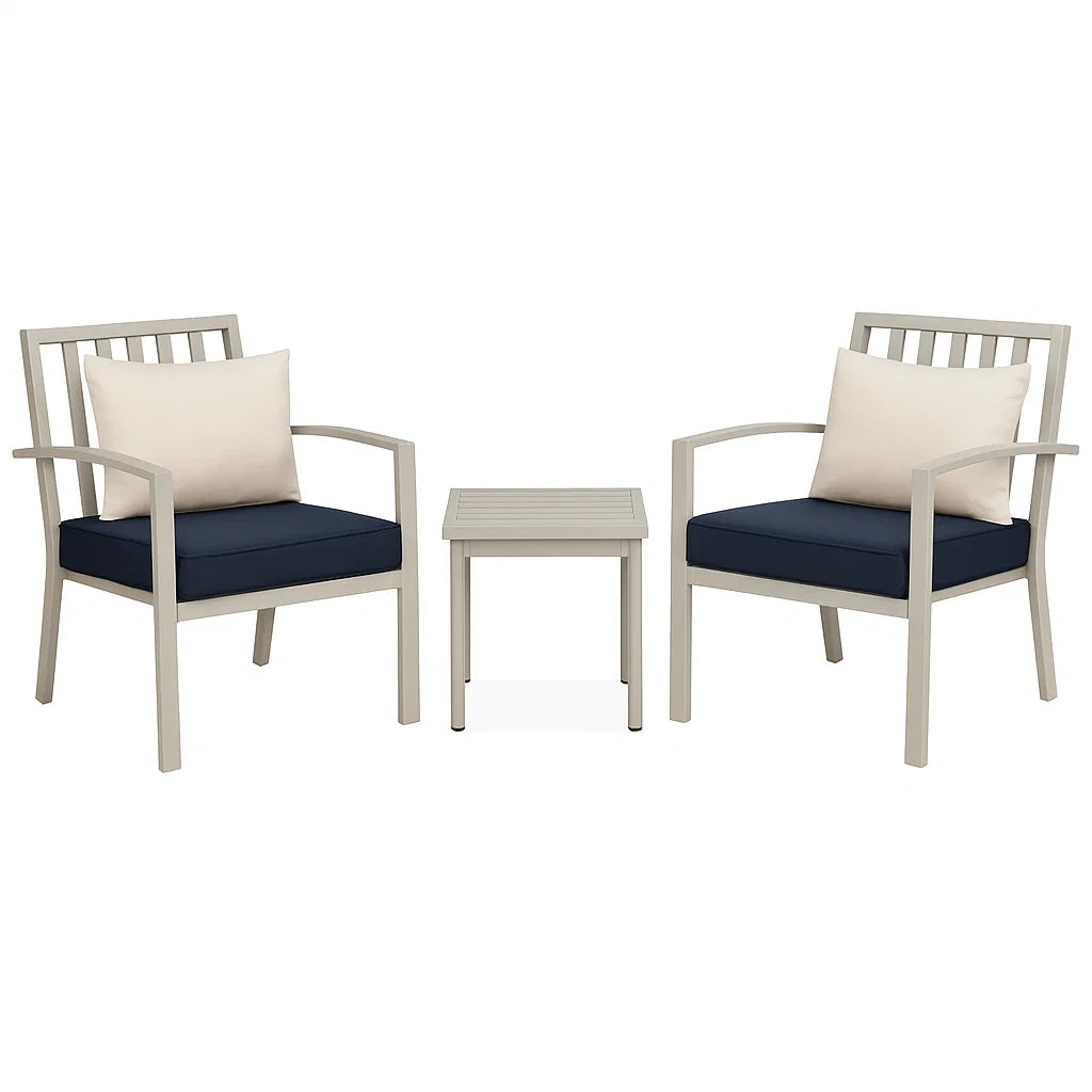 Petit ensemble de conversation de jardin en aluminium gris avec coussins bleus, 2 chaises et table - 2026