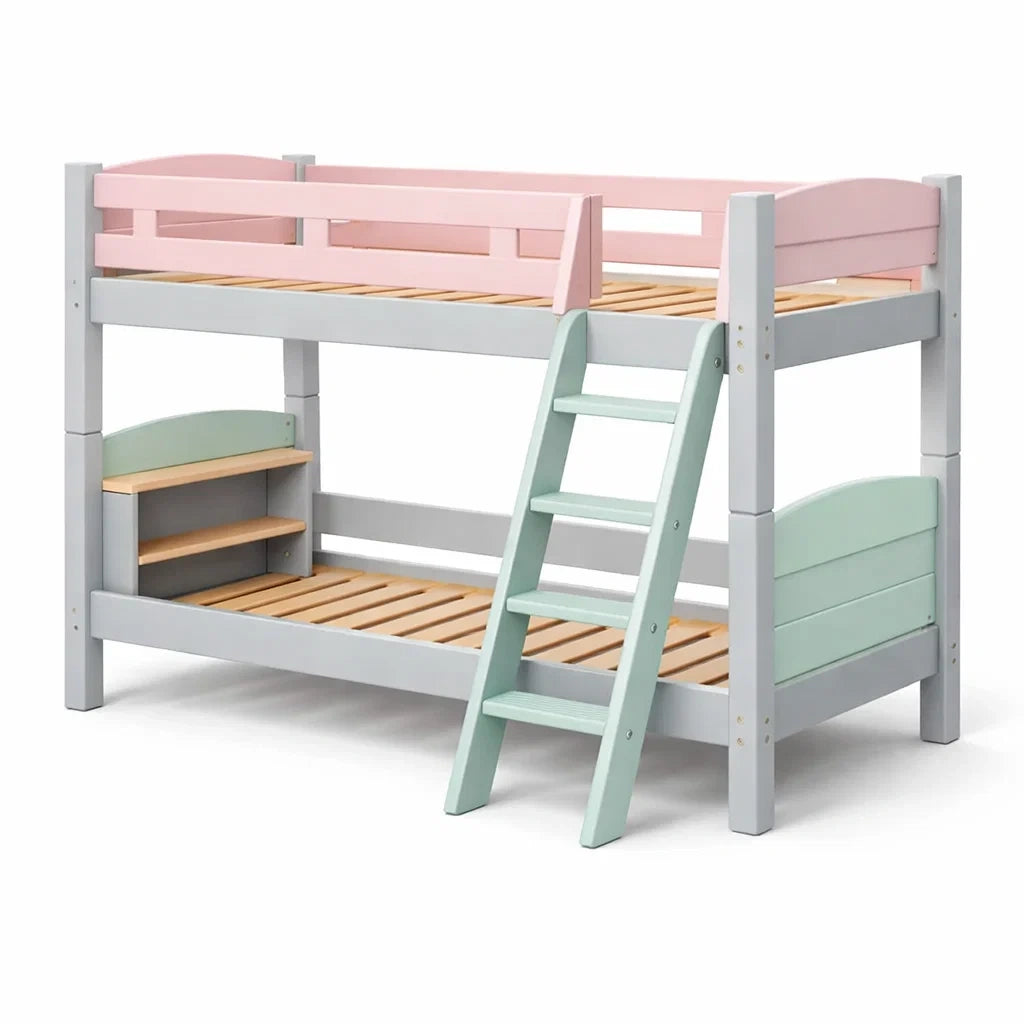 Lit superposé en bois de pin gris, rose et vert avec échelle - 2026