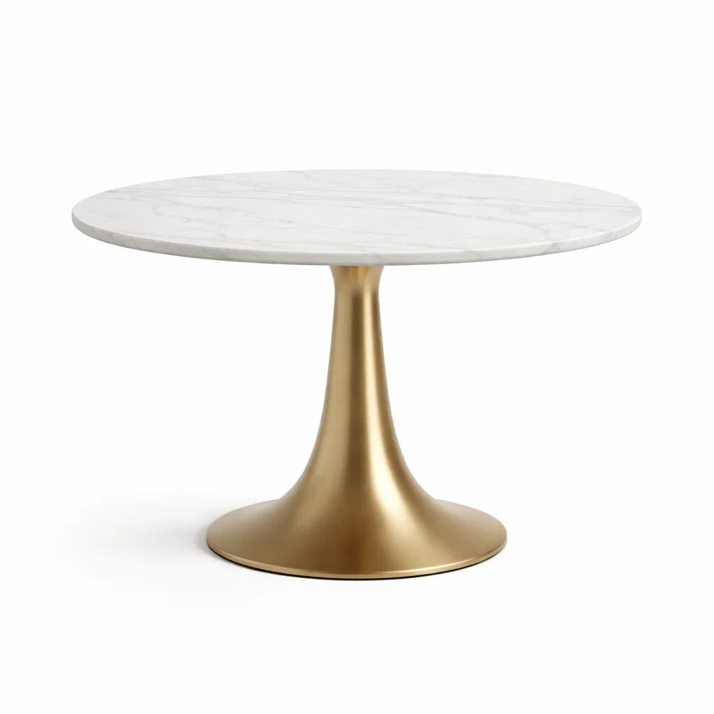 Table à manger ronde en marbre blanc avec base en métal doré - 2026
