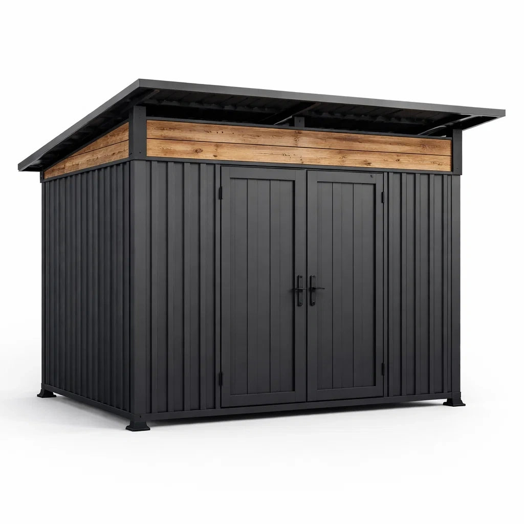 Abri de jardin en métal noir avec panneaux en bois - 2026