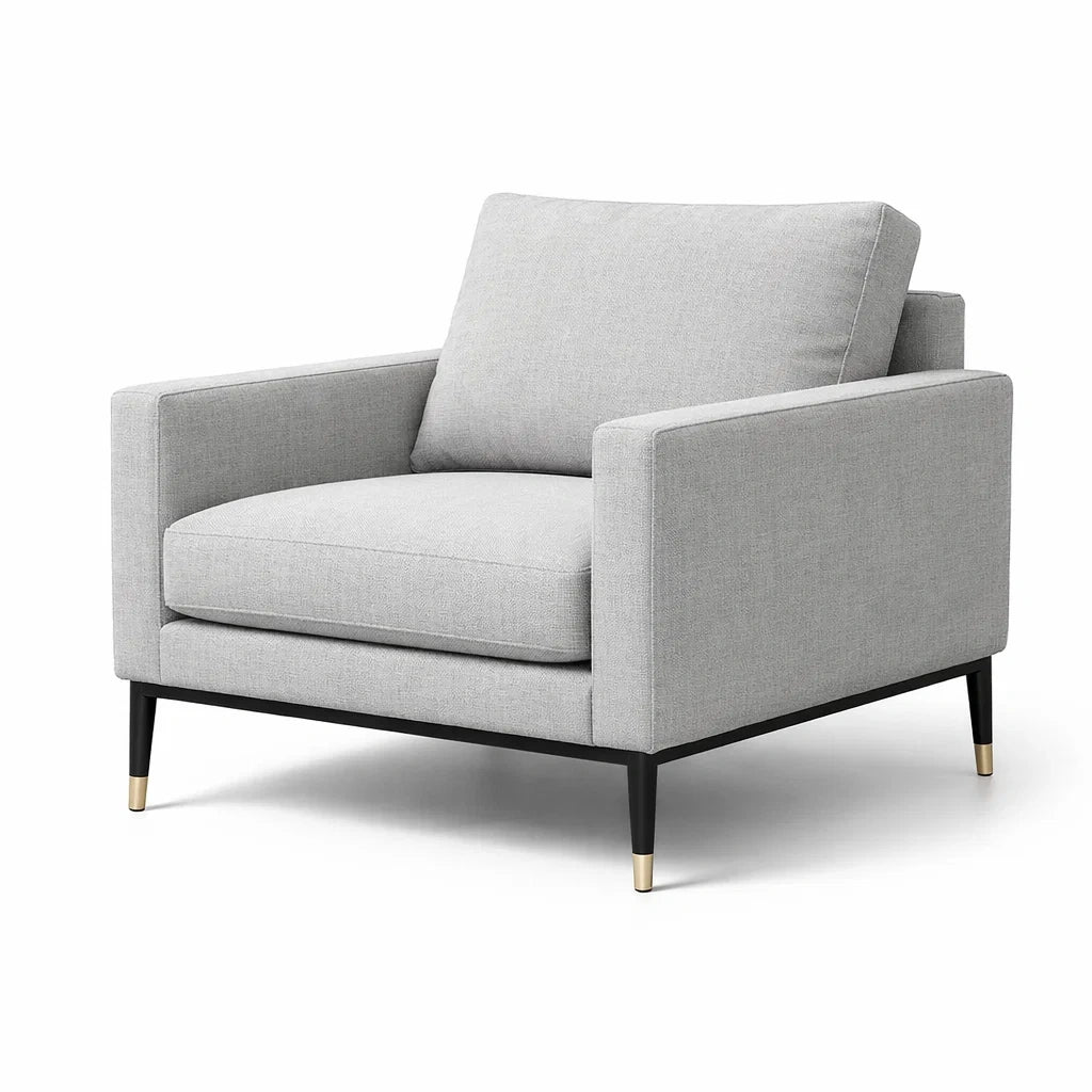 Fauteuil en tissu polyester gris clair avec pieds en métal noir et embouts dorés - 2026