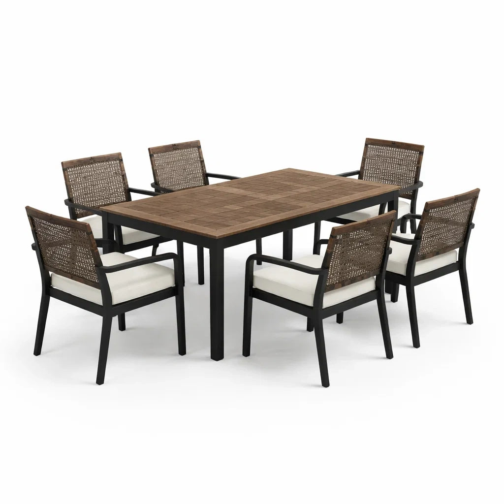 Ensemble de table et chaises d'extérieur en bois et métal avec 6 chaises en cannage et coussins - 2026