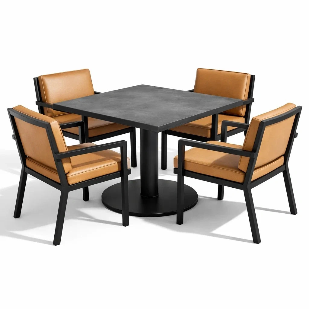 Ensemble table et chaises avec table carrée en métal noir et chaises en cuir synthétique marron - 2026