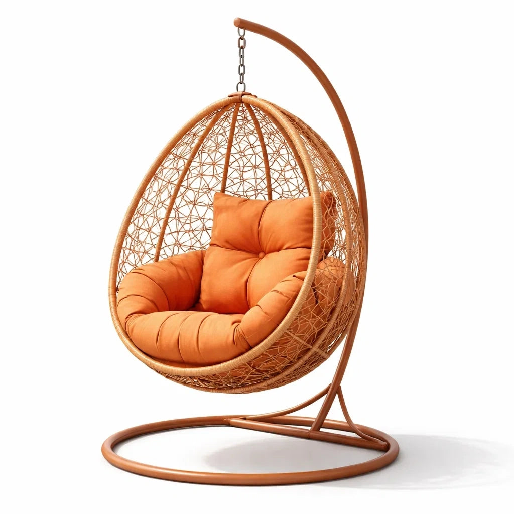 Fauteuil suspendu œuf avec support en rotin orange avec coussin et cadre en acier - 2026