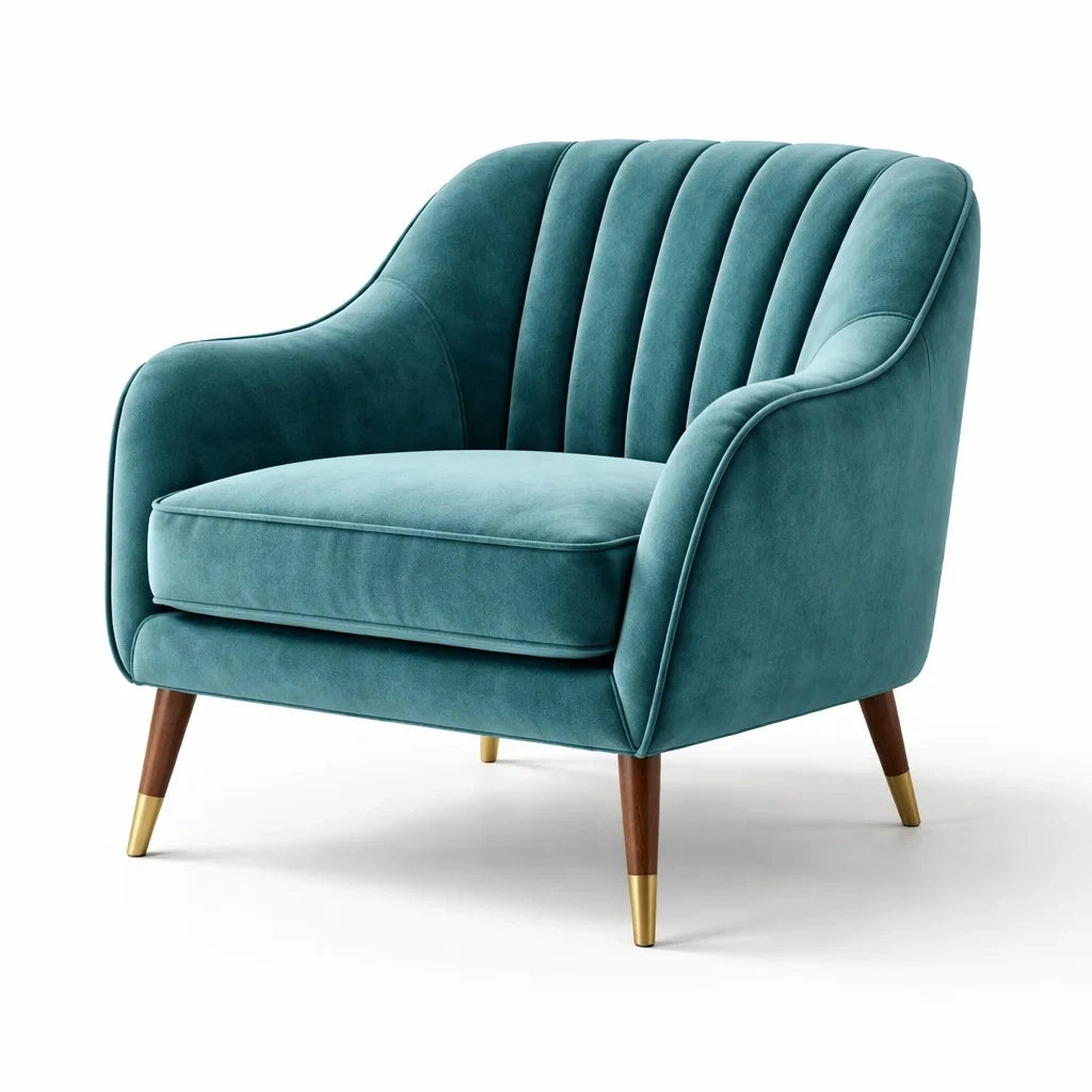 Fauteuil en velours bleu avec pieds en bois - 2026