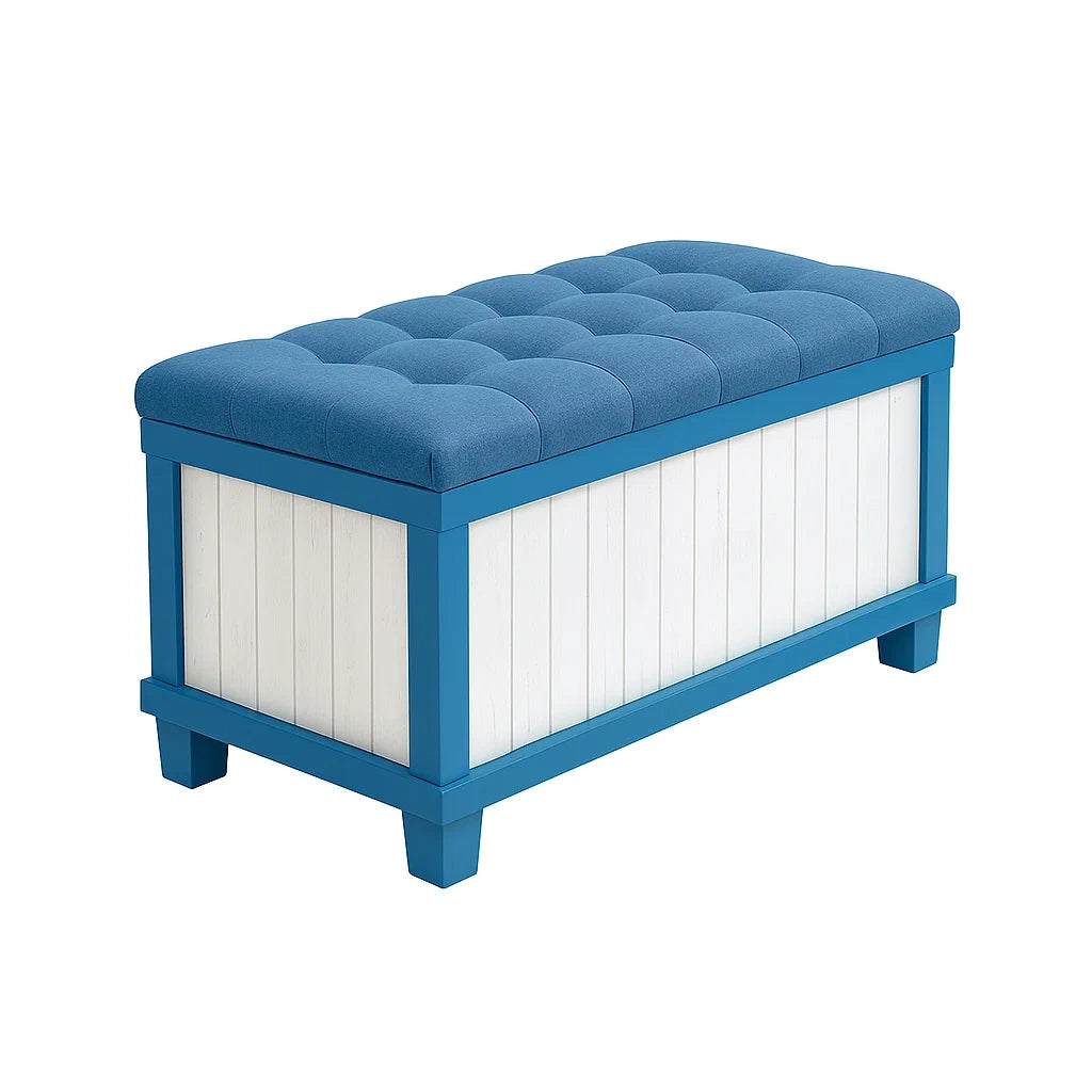 Banc de rangement en bois avec assise en tissu bleu - 2026