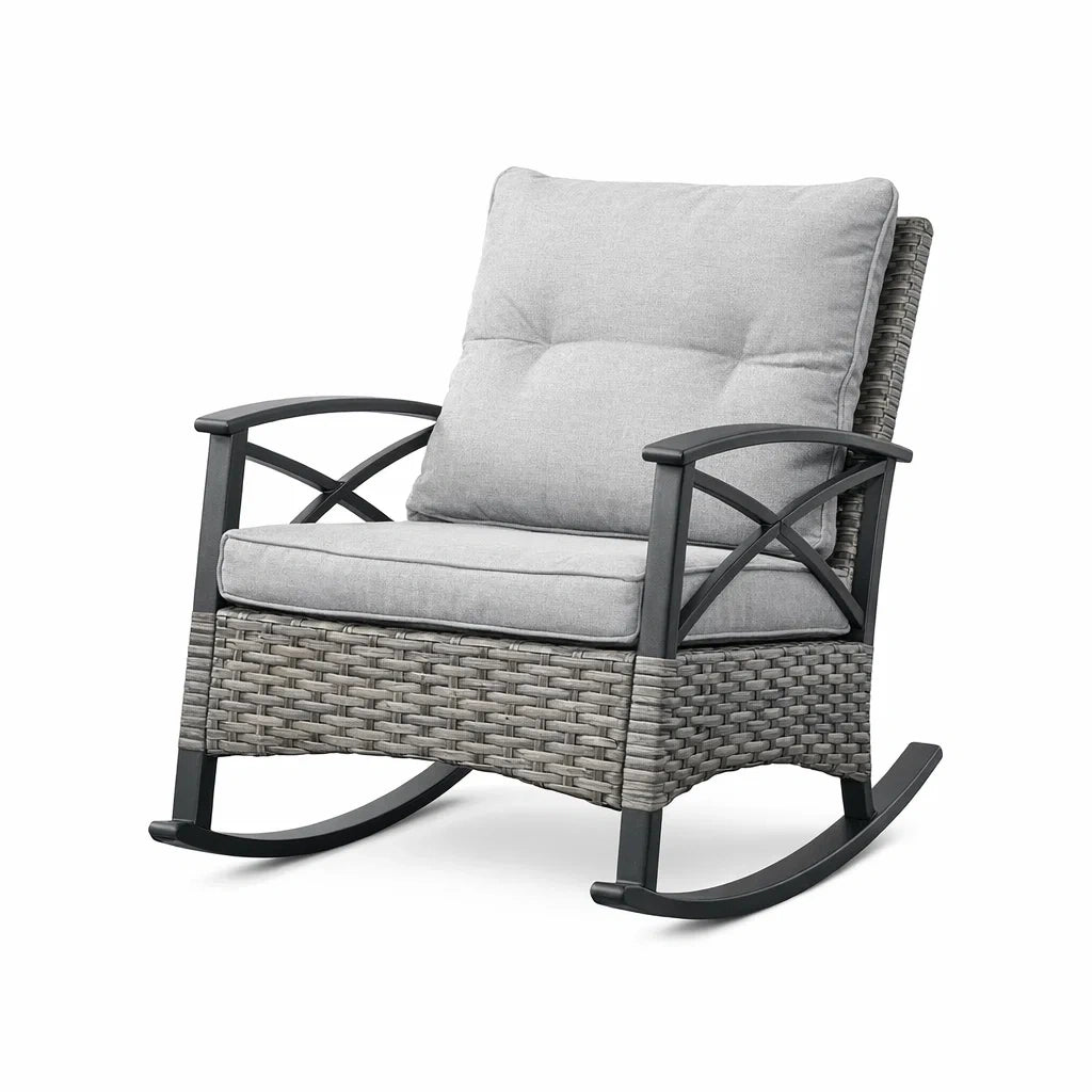 Fauteuil à bascule en aluminium et résine tressée avec coussins en polyester gris - 2026