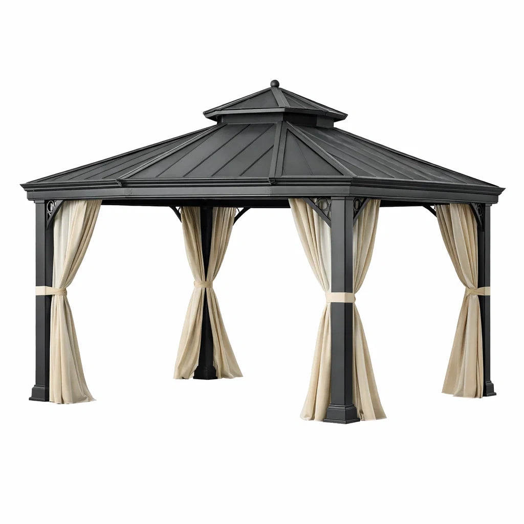 Pavillon en aluminium avec rideaux en polyester noir beige - 2026