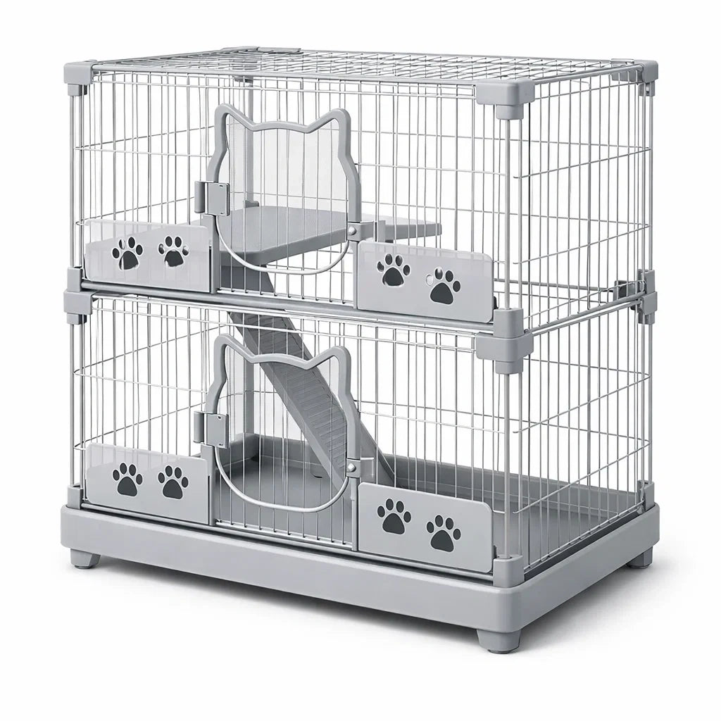 Cage à chat en métal gris à deux niveaux - 2026