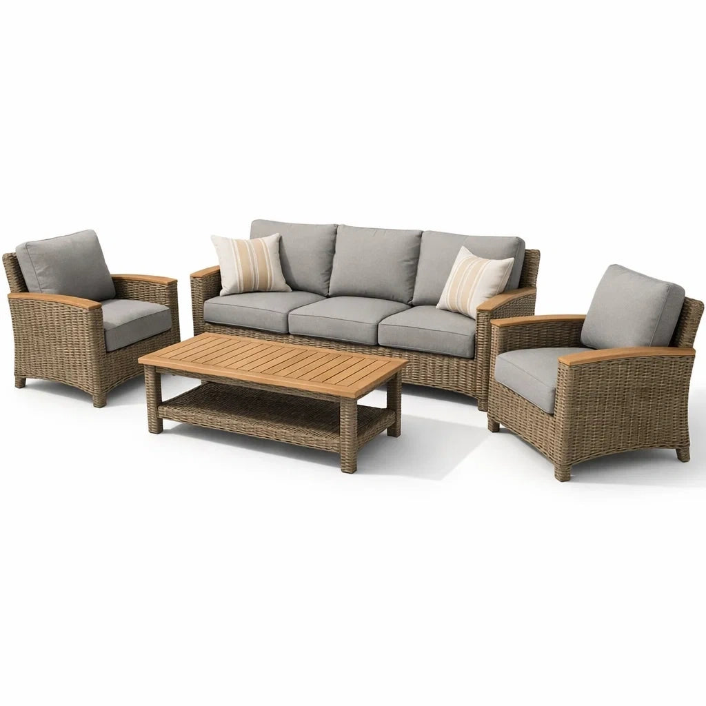 Salon de jardin en rotin et bois d’acacia avec coussins en polyester gris - 2026