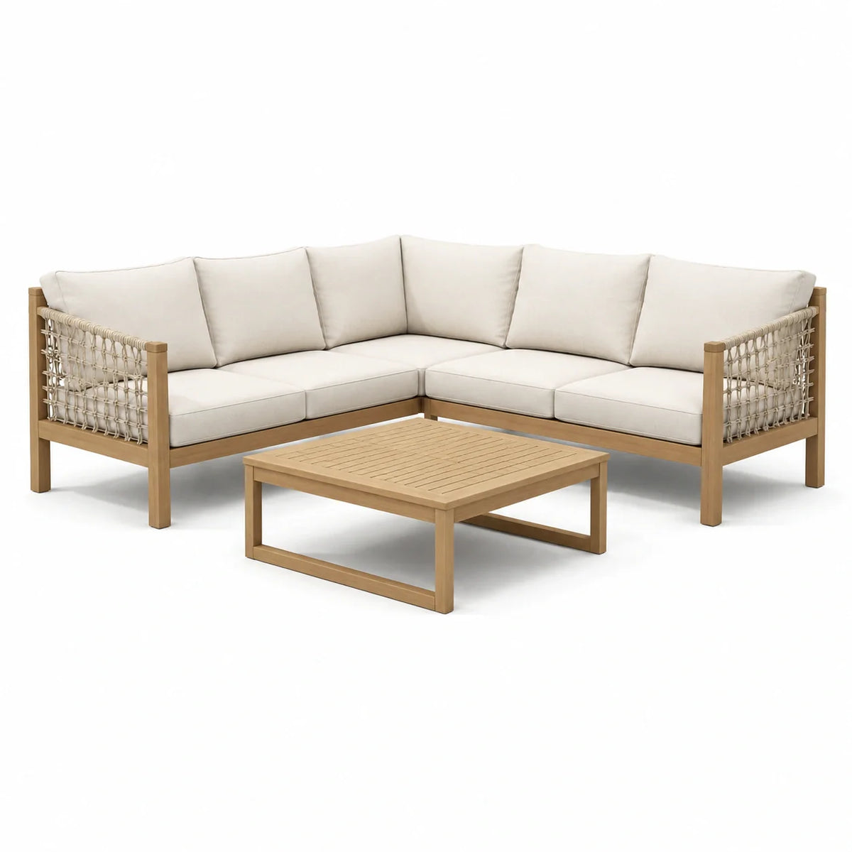 Ensemble de salon de jardin en bois avec coussins en tissu blanc crème - 2026