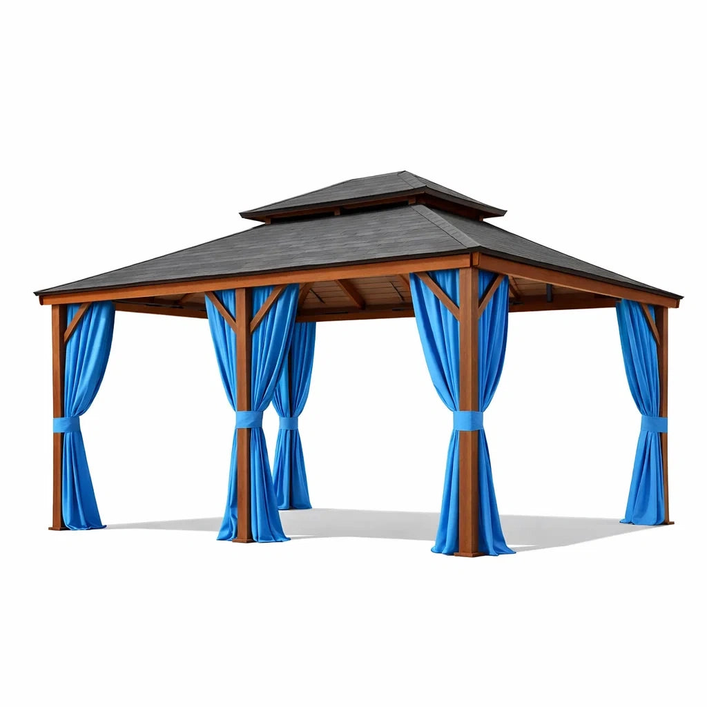 Pavillon en bois avec rideaux en tissu bleu - 2026