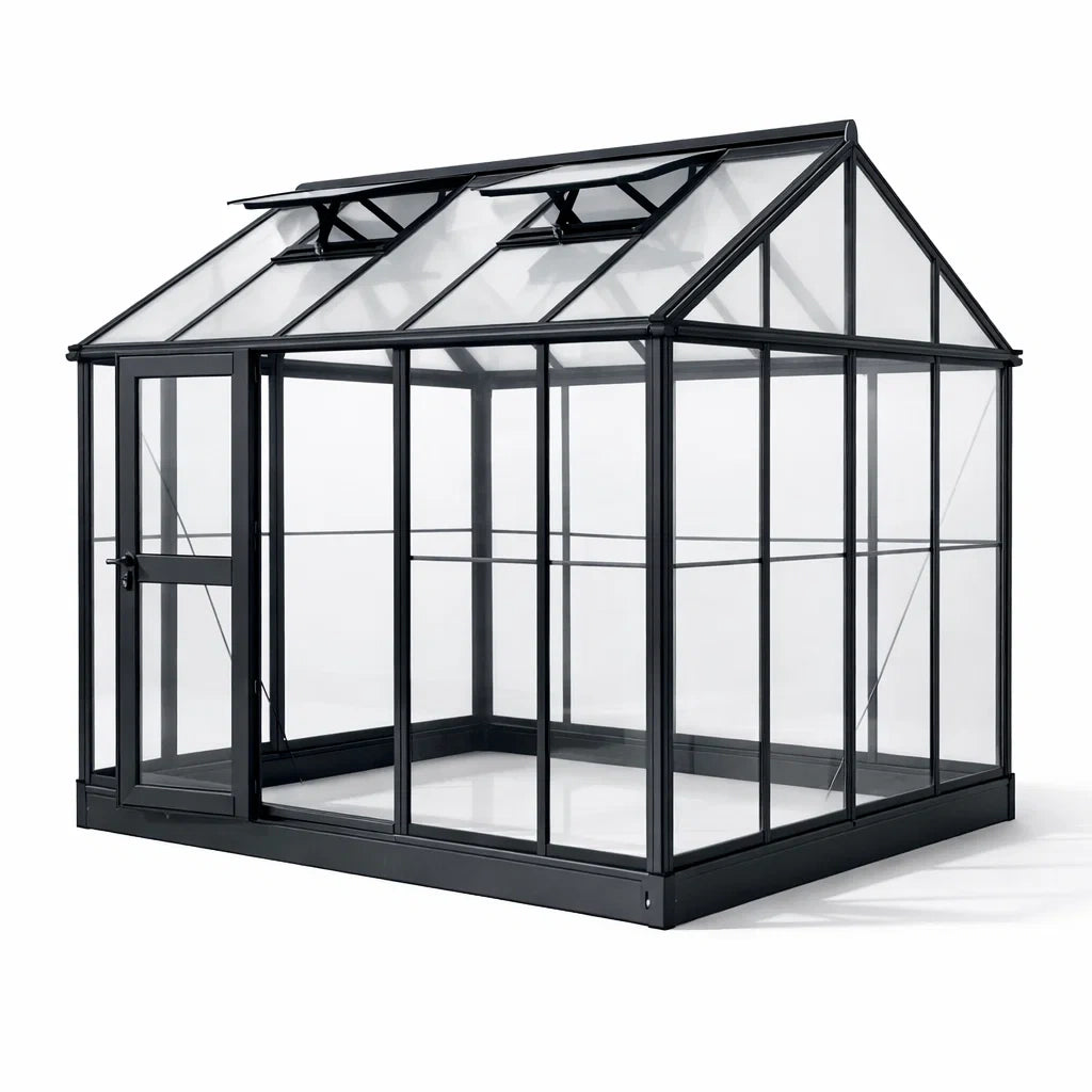Serre en aluminium noir avec panneaux en verre trempé - 2026